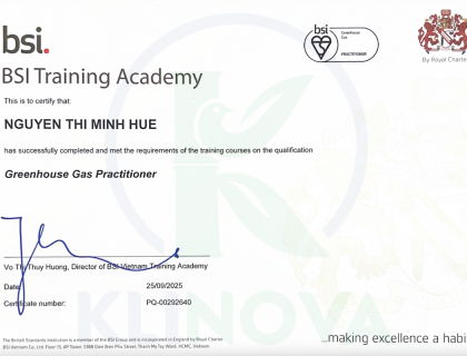 Certification of Completion Greenhouse Gas Practitioner for KLINOVA's Expert